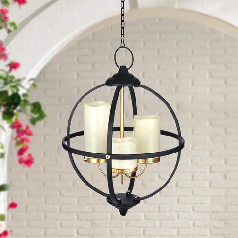 SUNNYPARK 3 12.6" Battery Operated Outdoor Candle Chandelier - Black and Gold Metal Globe Hanging Pendant Light