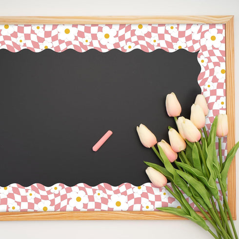 Whaline 131.2ft Retro Groovy Bulletin Board Borders, Green Blue Pink Purple Checkered Flower Trim for School Decor