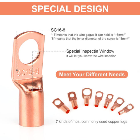 Copper Wire Lugs,Terminal Connectors,Used on AWG12 10 8 6 4 2 Cable,Heat Shrink Set,Bare Copper Eyelets,Ring Terminals Connectors,30Pcs Battery Cable Lugs Ends and 30Pcs Heat Shrink Tubing (60PCS)