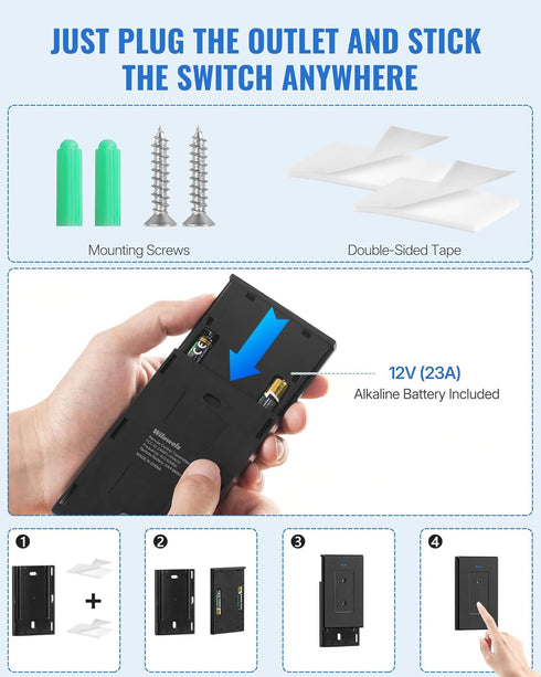 100ft (1 2 H05RC1206 Black Remote Control Outlet Plug, WILAWELS Wireless Light Switch, On Off Remote Switch Outlet