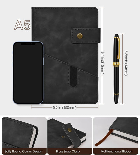 Black A5 Lined Leather Journal Notebook,Personalized Hardcover Journal Set with Pen & Gift Box,100Pages 100gsm Thick Ruled Paper Daily Diary for Men Women School,Travel,Business,Work,Home Writing by vfaejll