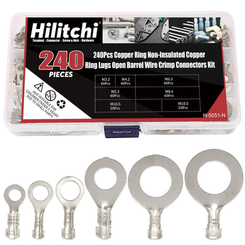 Hilitchi 240Pcs Tin-Plated Copper Non-Insulated Ring Crimp Terminals Assortment Kit for Crimp Electric Wire