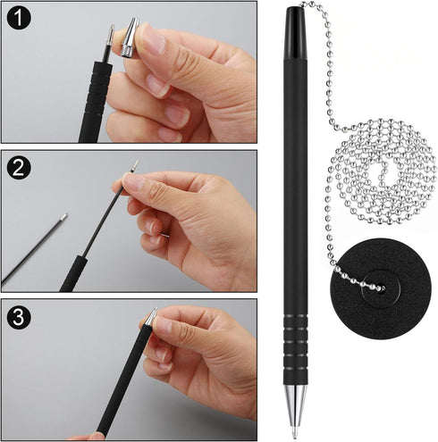 Security Pen Set with Bead Chain and Pen Holder, Desktop Pens with Chains, Blank Ink Refills for Office Bank Supplies,