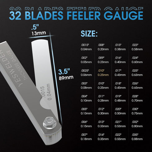 YESWELDER Thickness Gauges 32 blades Feeler Gauge 0.0015-0.035"/16 Pieces Offset Feeler Gauge Set 0.005-0.020", Dual Marked Gap Measuring Tool Kit for Repair, Bass Guitar, Spark Plugs