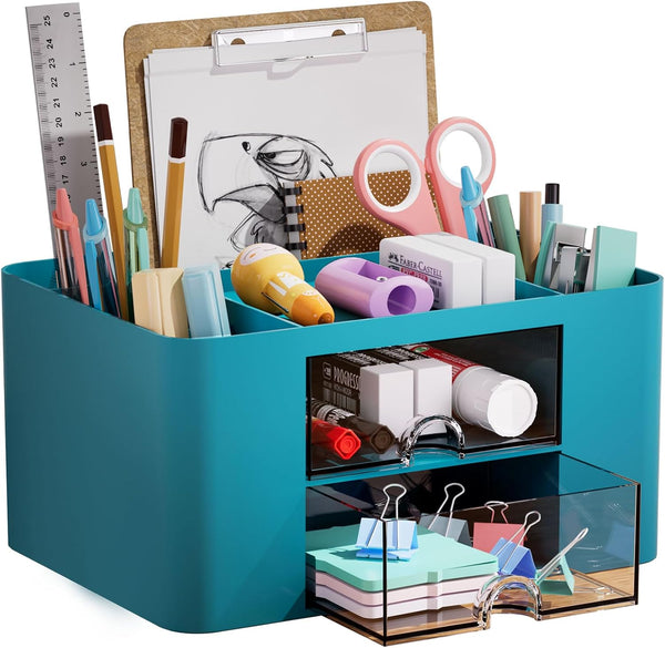 Marbrasse Pen Organizer with 2 Drawers, Multi-Functional Pencil Holder for Desk, 5 Compartments + Drawer for Art