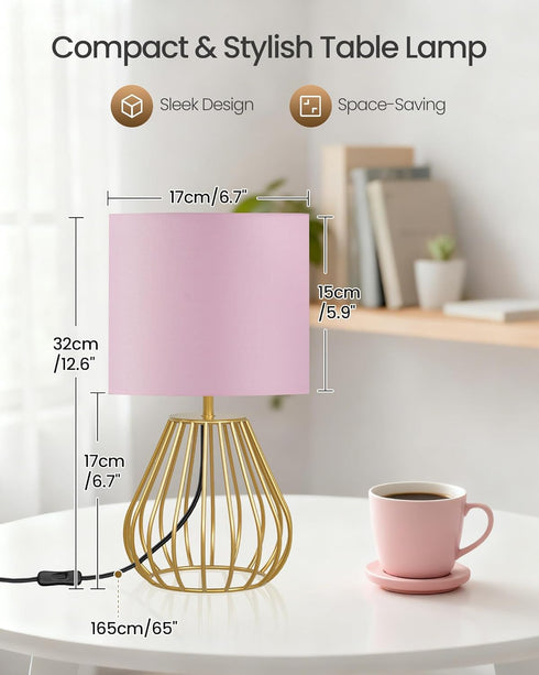 2700K Bulb DP06TL05 Pink and Gold Table Lamp, Small Bedside Lamp with Metal Base & Pink Linen Lampshade, Modern