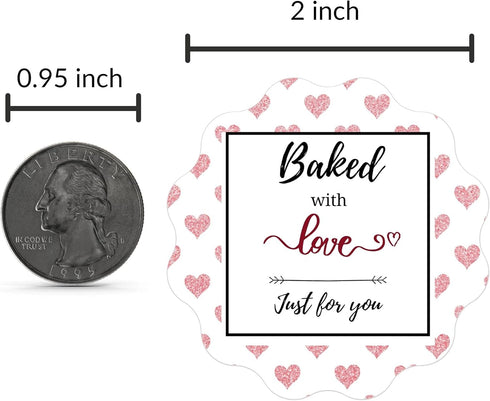 Mobiusea Creation Baked with Love Stickers Roll - Waterproof Scalloped Cut 2 inch Labels for Bakery Packaging
