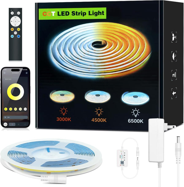 HEGEHE COB LED Strip Lights, 16.4ft Tunable White CCT LED Strip, 24V Dotless