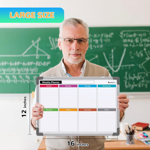 Small Weekly Calendar Dry Erase Whiteboard, 16" x 12" Magnetic Hanging Double-Sided Board for Home, Office