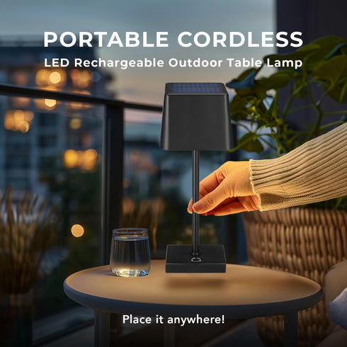 12" Dimmable, Globe Electric Cordless Portable Outdoor Solar Operated LED Table Lamp, Matte Black, Rechargeable