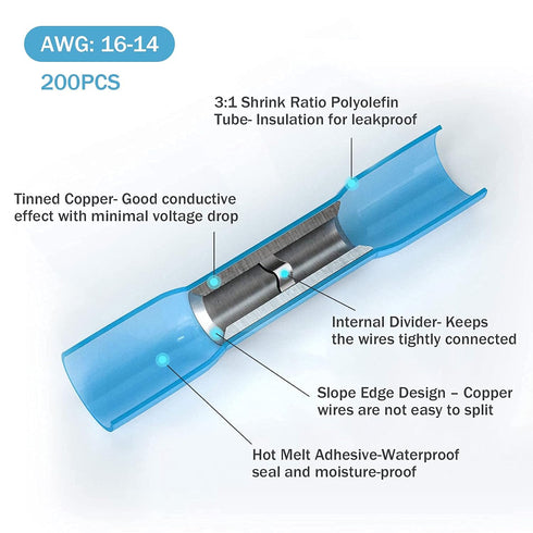 Kuject 200PCS Blue Heat Shrink Butt Connectors, 16-14 Awg, Tinned Copper Crimp Electrical Wire Connectors