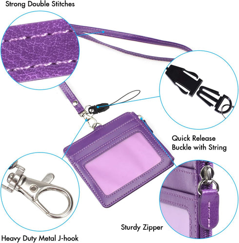 Wisdompro 2-Sided PU Leather ID Badge Holder with Zip, 1 ID Window, 4 Card Slots, 20 Inch Lanyard Strap - Purple