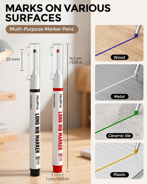 6 20mm Nicpro PCS Long Nib Marker Pens, Deep Hole Marker, Quick Dry & Waterproof Construction Markers, Long Head