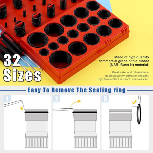 Glarks 423Pcs O-Ring Assortment Kit, 32 Sizes Including 419Pcs Nitrile Rubber O-Rings & 4Pcs Picks
