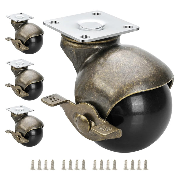 Caster Set of 4, Antique Brass Casters with Brake, 2 Inch Ball Castor Wheels for Vintage Furniture Heavy Duty