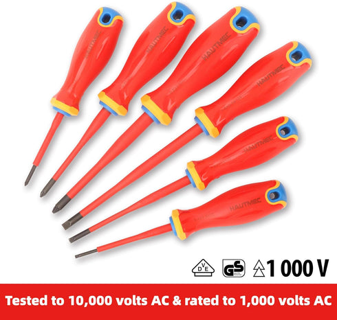 HAUTMEC 1000V VDE Insulated Screwdriver Set, 6 Piece Electrician Screwdriver Kit with Forged S2 Shanks and Magnetic Tips