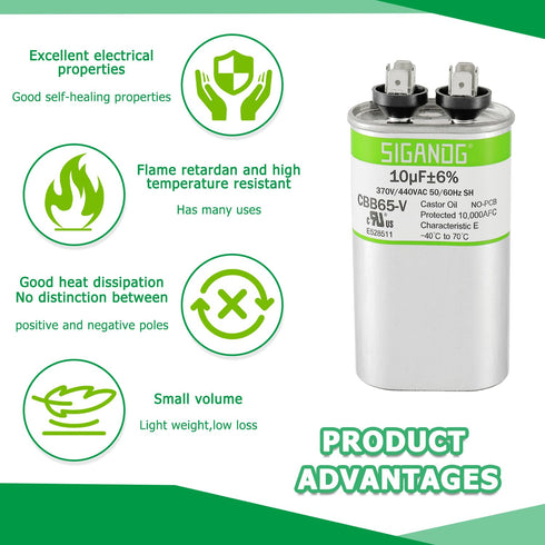 10 uF 370 or 440 Volt CBB65 Capacitor for AC Motor Run, Heat Pump, Air Conditioner, HVAC, Replacement 10 MFD