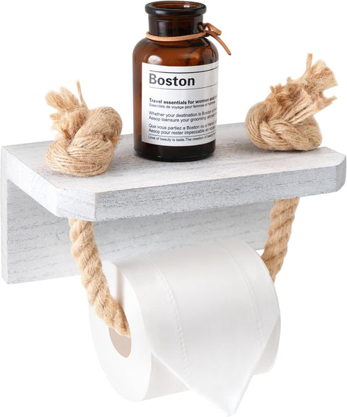 Farmhouse Toilet Paper Holder - Beach Toilet Paper Roll Holder Nautical Rope Starfish Towel Rack with White Shelf, Wall
