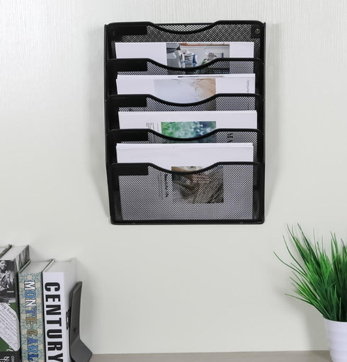 EasyPAG 5 Pocket Wall File Holder - Mesh Hanging Organizer for Mail Paper, Vertical File Folder Holder, Black