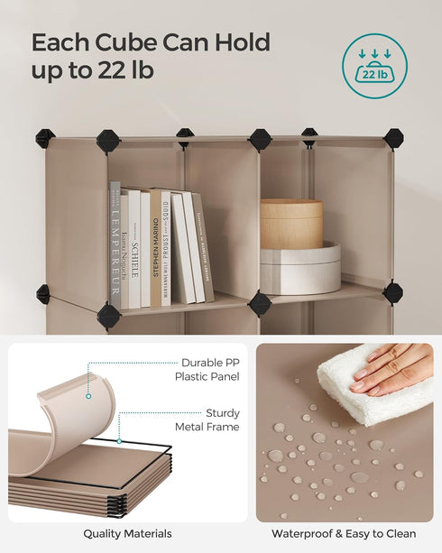 SONGMICS Cube Storage Organizer, Set of 16 Plastic Cubes, 12.2 x 48.4 x 48.4 Inches, Camel Brown for Room Organization