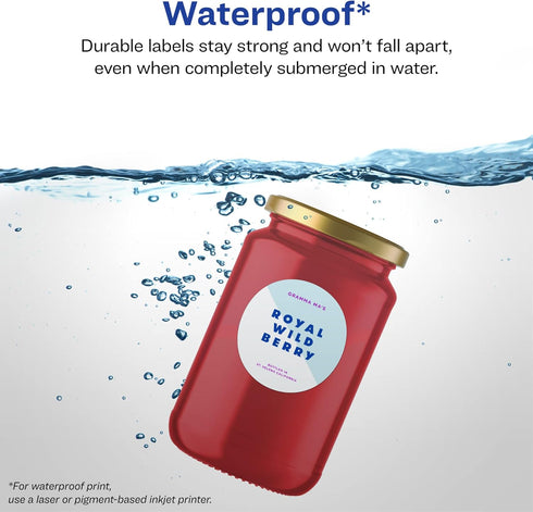 Avery Durable Waterproof Round Labels - Sure Feed Technology, Print-to-The-Edge, 3" Diameter, 30 Total, Oil and