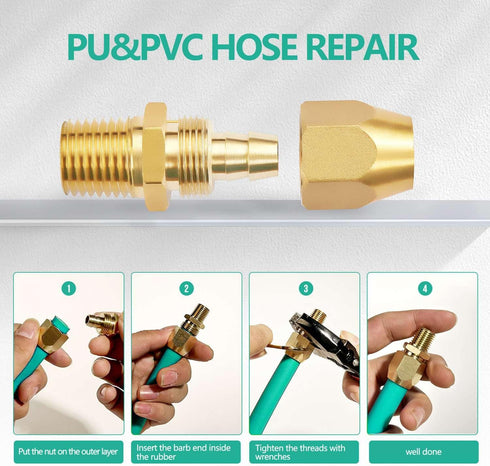 2pcs Premium Solid Brass Pneumatics Reusable Hose-End Repair Fitting, 1/4" Barb for 1/4-Inch ID Hose