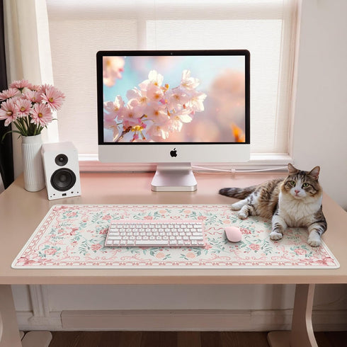 iCasso Pink Desk Mat for Desktop,Cute Desk Pad for Women,Girly Bow Mouse Pad with Stitched Edges,Non-Slip Large