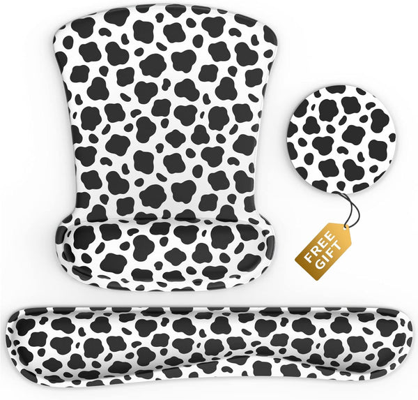 Wrist Rest Support Ergonomic Gel Mouse Pad & Memory Foam Keyboard Set, Non-Slip Rubber Base, Black and White Dot