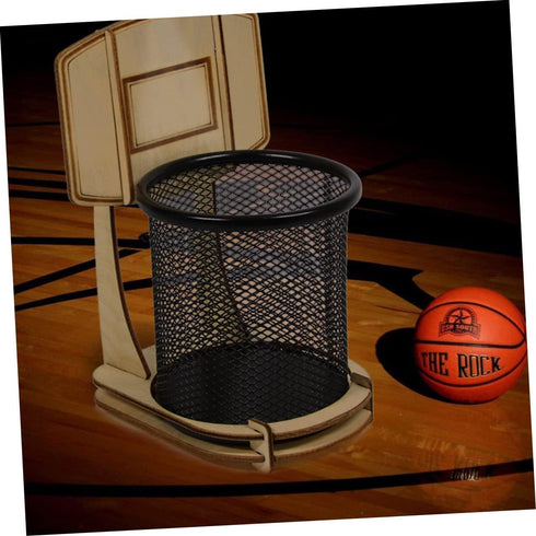 Basketball Stand Pen Holder, Kid Pencils Mesh Wire Pencil Cup Holder, Child Desk Kids Office Wood Grain Storage Box