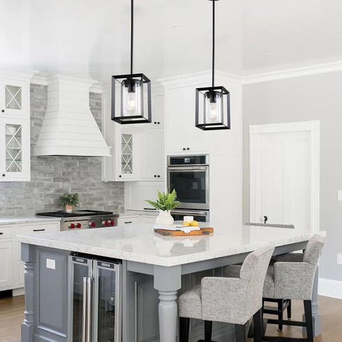 Sheenkarion 1 Pack Farmhouse Black Kitchen Island Pendant Light Fixture,Height Adjustable Metal Rod Hanging Modern