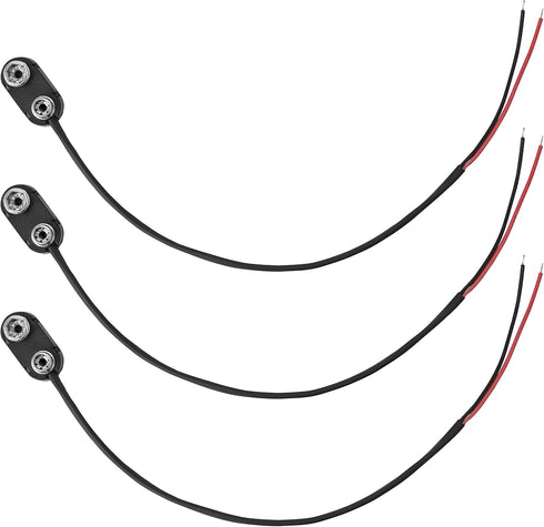 9V Battery Snap On Hard-Shell Clip Connector with Insulated Wires, 3 Pieces