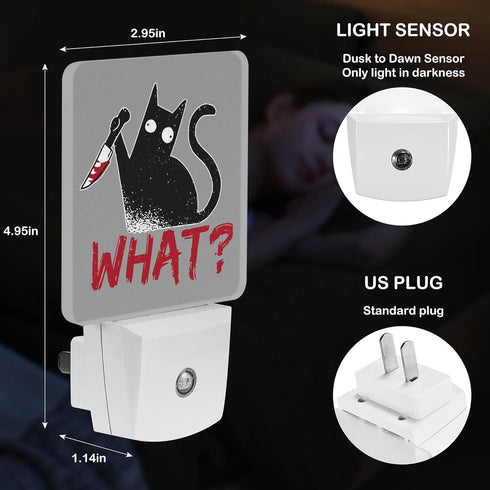 Jahiona White,0.5W LED Night Light Lamp with Smart Sensor Dusk to Dawn Sensor,Cat Hold Knife With Red Letter What On