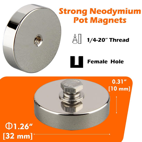 4PCS Magnet,92lbs 1/4 MUTUACTOR Strong Neodymium Pot Heavy Duty Magnets with Female Thread,Powerful Rare Earth Magnets