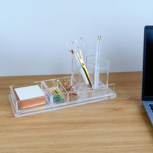 Clear Acrylic Desk Organizer 4-Piece Kit with Free Acrylic Ruler, Desktop Organization for Office or Home