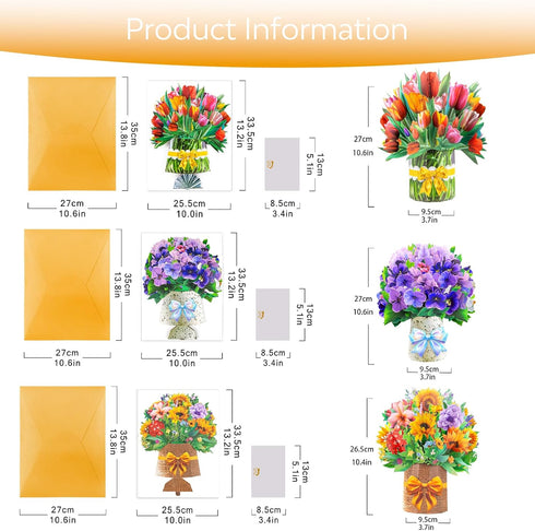 QZHIWLP 3 Pack 3D Pop Up Flower Cards Floral Bouquet Pop Up Cards for Mom - Mothers Day Card, Birthday Card for Women