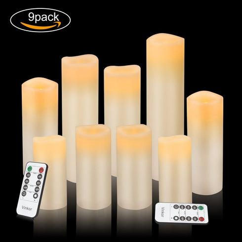 Flameless Candles Battery Operated Candles 4" 5" 6" 7" 8" 9" Set of 9 Ivory Real Wax Pillar LED Candles with 10-Key Remote and Cycling 24 Hours Timer by Vinkor
