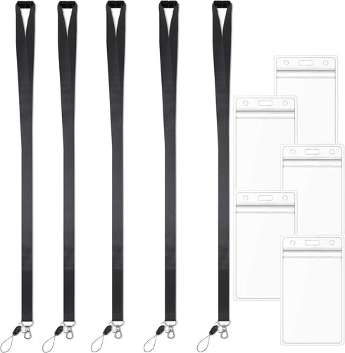 Lanyard with ID Badge Holder, Black Breakaway Lanyards for ID Badges, Keys, 5 Pack