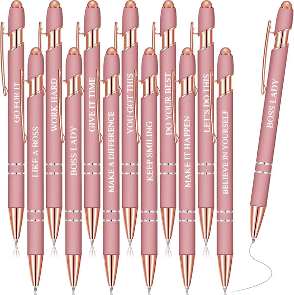 Zonon 12 Pieces Inspirational Quotes Ballpoint Pens with Stylus Tip, Fine Point Smooth Writing Metal Pens (Rose Gold)