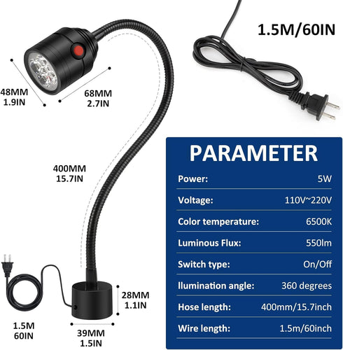 Deeffe Magnetic Work Light, LED Machine Light with Flexible Gooseneck and Magnetic Base, Shop Tool Lamp for Lathe, Work