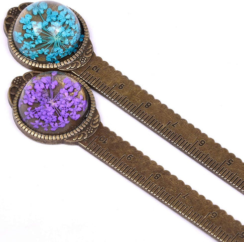 Wisdompro 2 Pcs Metal Bookmark, Retro Vintage Bronze Book Mark Ruler with Dried Flower, Gift Box for Book Lovers