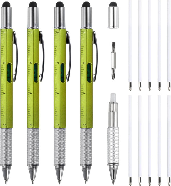 MECCANIXITY 4pcs 6 in 1 Multitool Tech Tool Pen Gifts for Men, Green with Ballpoint Pen, Ruler, Screwdriver, Stylus