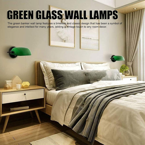 Asixxsix Vintage Wall Sconces with Bankers Lamp Shade, Indoor sconces Wall Lighting with Retro Pull Chain Switch, Green