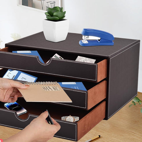 PU Leather Desk Organizer with 3 Drawers, Executive Office Supplies Desktop Filing A4 File Cabinet for Jewelry, Bill,