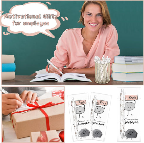 Sayglossy 36 Set End of Year You Rock Gifts Bulk for Coworkers Inspirational Resin Stone with Smile Rock Ballpoint Pens