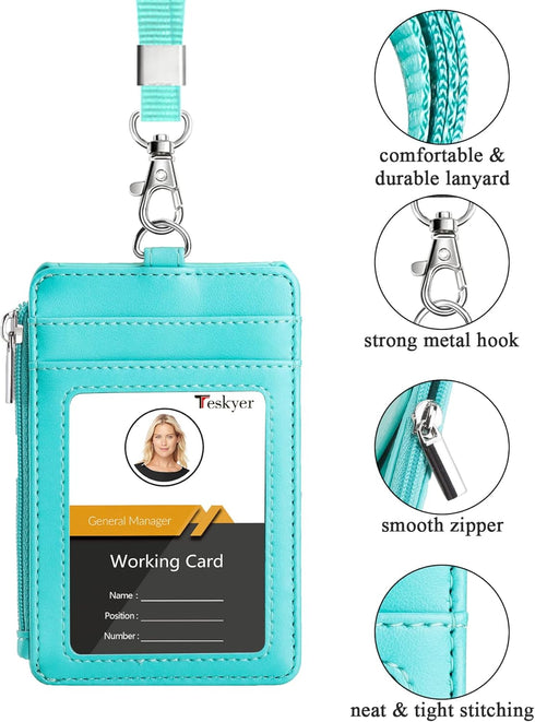 Teskyer Badge Holder with Side Zip Pocket, Leather ID Holder Wallet with Neck Lanyard for Office Staffs