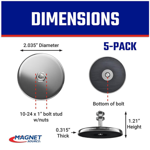 Pack 35 lb 2.04" 1.25" 5-Pack Master Magnetics Ceramic Round Base Magnet with Bolt and Nuts - Heavy-Duty Strong Magnets