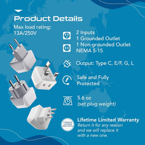 Ceptics European Plug Adapter 4 Pack Set - USA to Europe, Italy, Germany, England, Spain, Iceland, France (Type C, E/F,