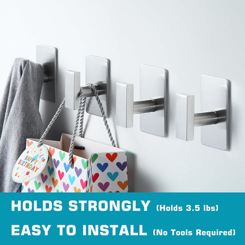 (4-Pack) Adhesive Towel Hooks, Square Stainless Steel Wall Hooks for Bathroom, Kitchen, Hanging Hats, Coats