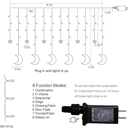 138 8.2 8 TW SHINE Ramadan Star Moon Curtain String Lights, LED FT Star Moon Hanging Lights with Modes and Timer