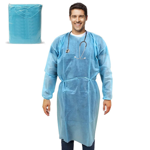 10 Pack Disposable Isolation Gowns - Blue Level 2 SMS 40gsm Non-Woven Material for Medical Use, Universal Size